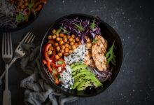 bowl of protein, healthy fat carbo and vegetables