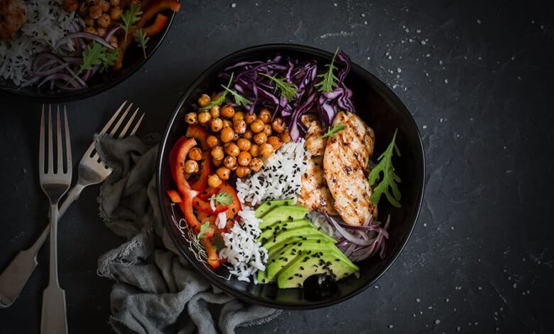 bowl of protein, healthy fat carbo and vegetables